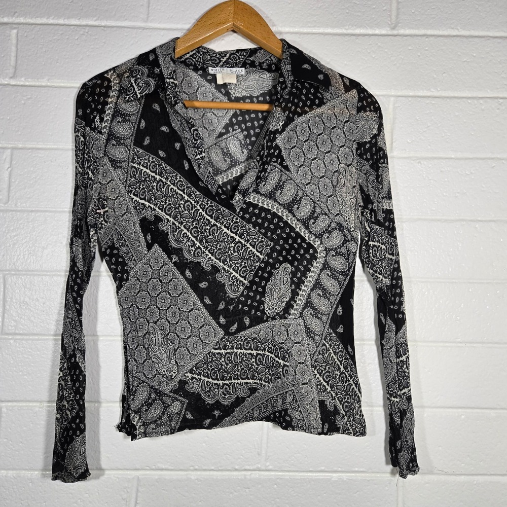 Vtg Y2K WHBM Paisley Patchwork Top Medium Sheer Bell‎ Sleeve Bandana Going Out